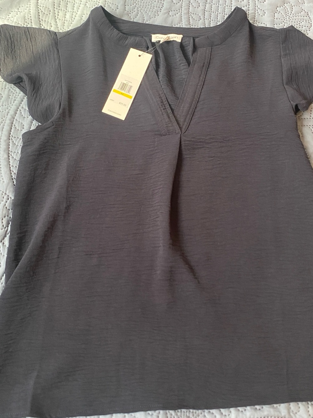Calvin Klein Dark Charcoal Split V-Neck Short Sleeve Top